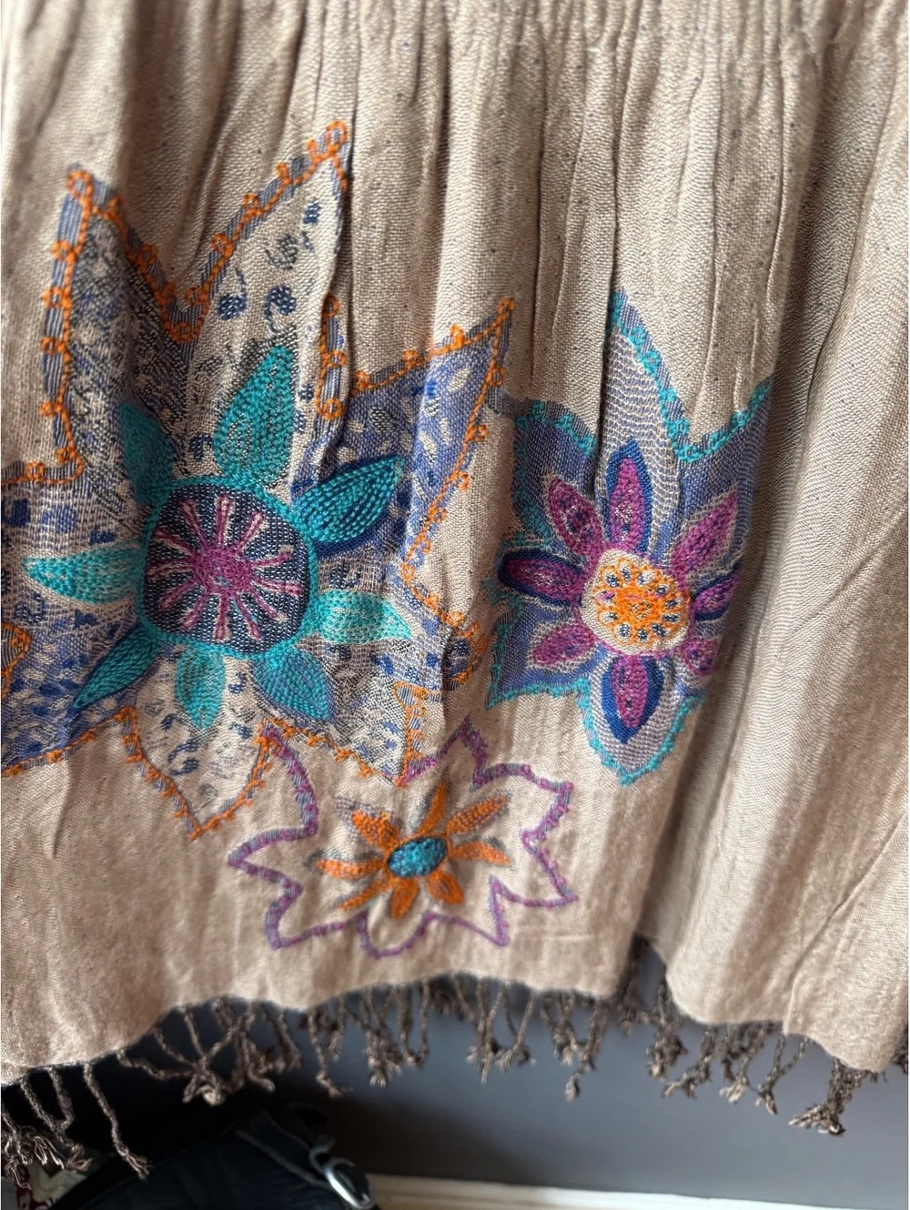 Bohemian Style Two-Tone Scarf/shawl with Floral Embroidery and Fringe